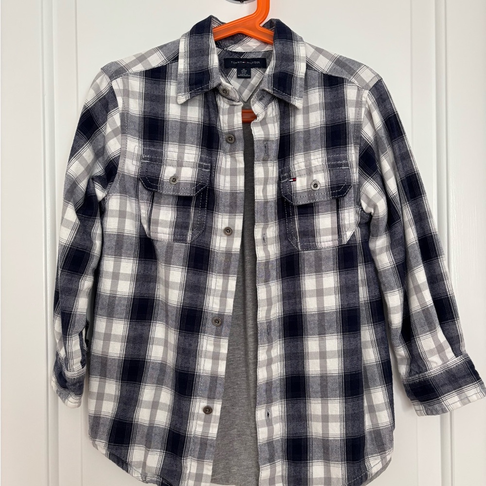 Tommy Hilfiger Boy Navy Blue and White Plaid Kids Shirt